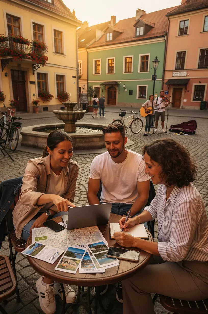 Zestaw niezbędnych rzeczy do podróży ułożonych w sposób uporządkowany i praktyczny, gotowy do wyruszenia.